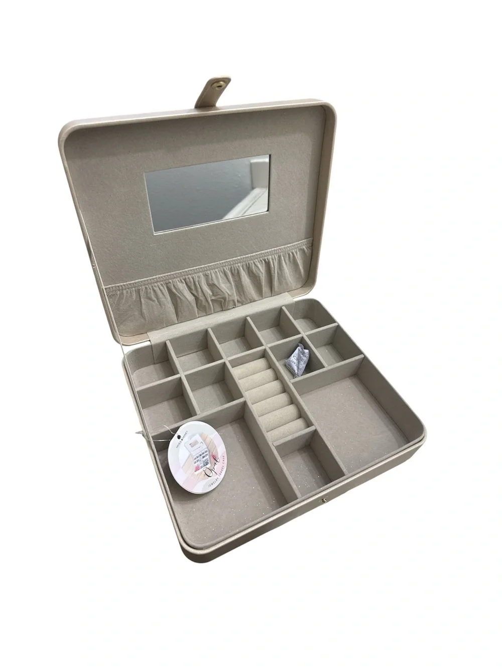 Compact Beige Jewelry Organizer Case with Mirror and Multi-Compartment Storage